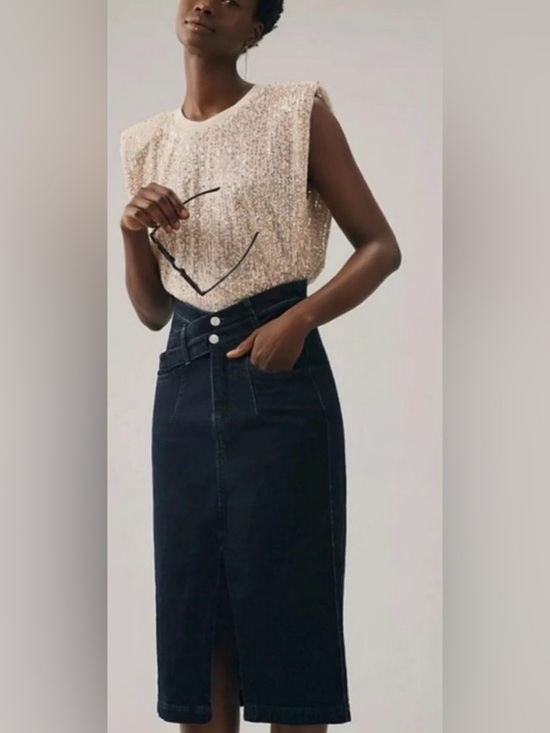 Pilcro Dresses & Skirts - Anthro Pilcro Letterpress Asymmetrical Double Waist Denim Skirt Size 0 NWT